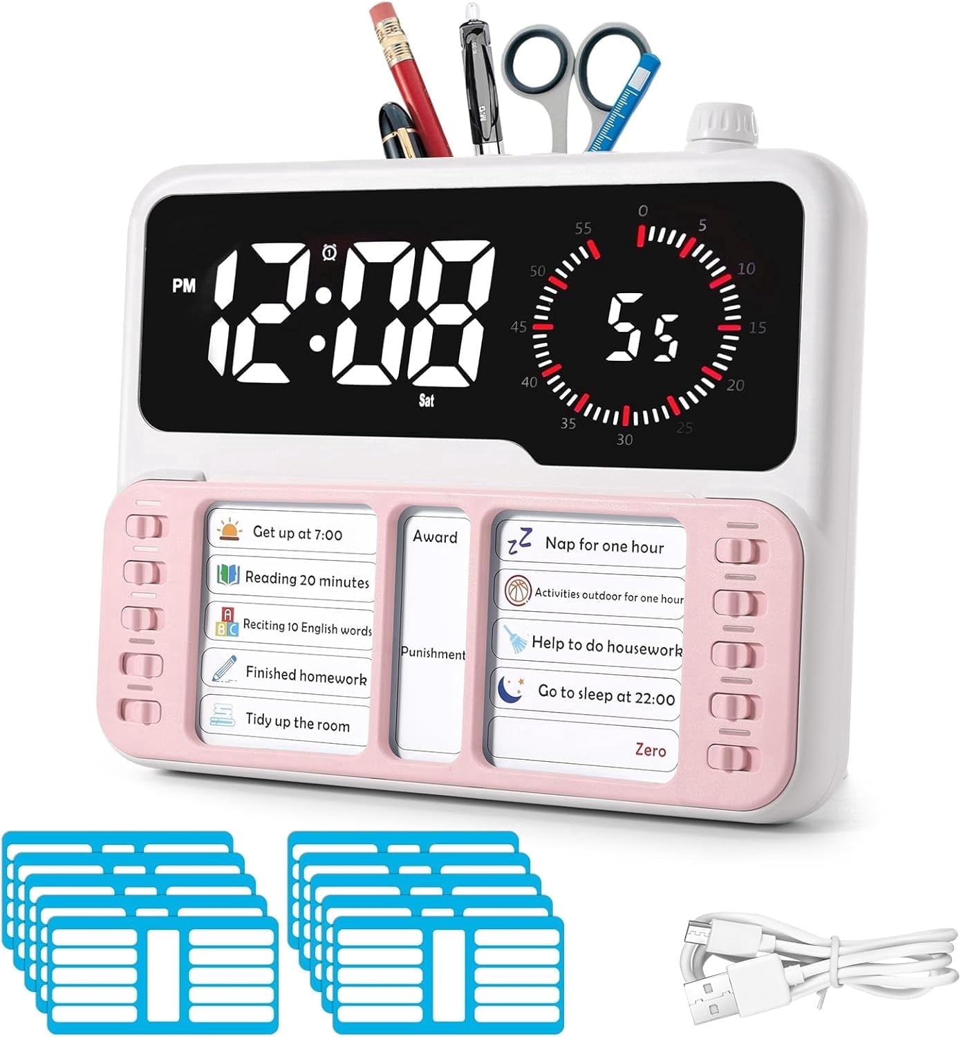 7-in-1 Visual Timer for Kids&Adults with Task Planner, Time Management Tool with Planning Board, Alarm Clock, Countdown, Calendar, Temperature Display&Storage, Birthday Gift for Girls School Supplies
