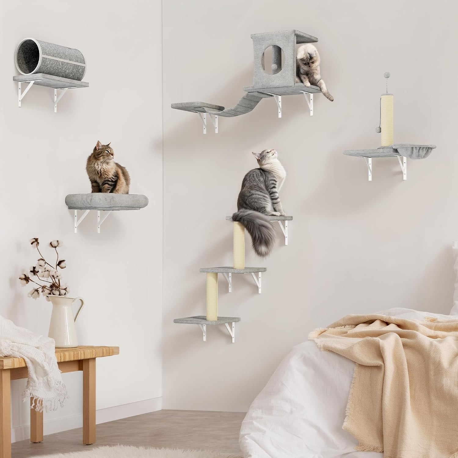 7-in-1 Wall Mounted Cat Climber Set, Cat Wall Shelves with Cat House ...