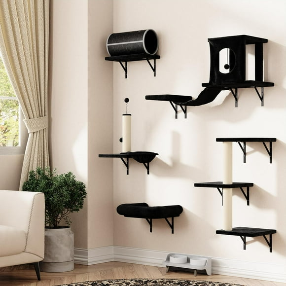 7-in-1 Wall Mounted Cat Climber Set, Cat Furniture Set, Cat Climber with Cat House,Tunnel, Bridge, Tree, Steps, Scratcher Board and Hammock,Cat Shelves for Indoor, Luxury Cat Walls(Black)