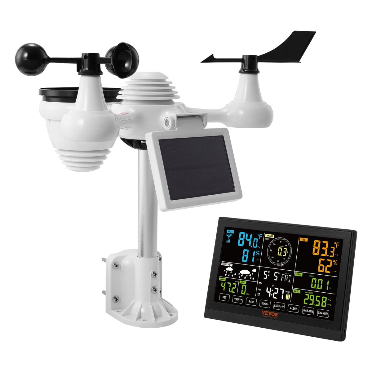 7-in-1 Wi-Fi Weather Station with 7.5" Color Display Home Indoor Outdoor Weather Station Solar-Powered Wireless Outdoor Sensor & Alarm Alerts for Temperature Humidity Wind Speed Direction & Rain