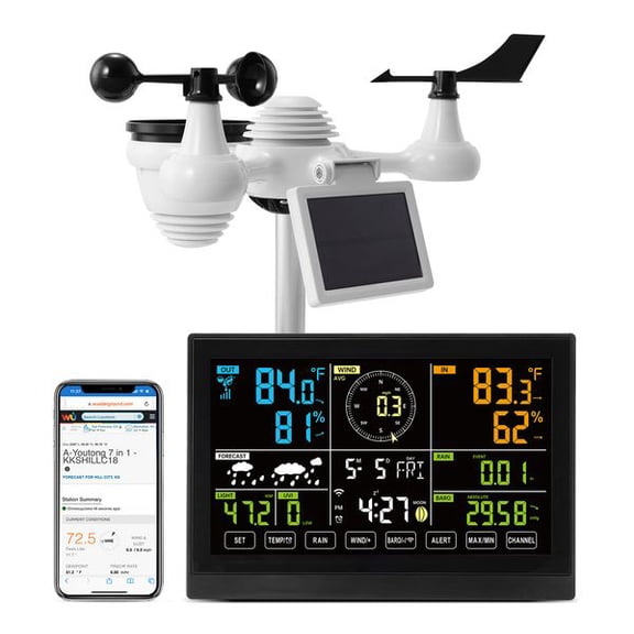 7-in-1 Wi-Fi Weather Station 7.5 in Color Display Solar Sensor Temp Humidity Wind