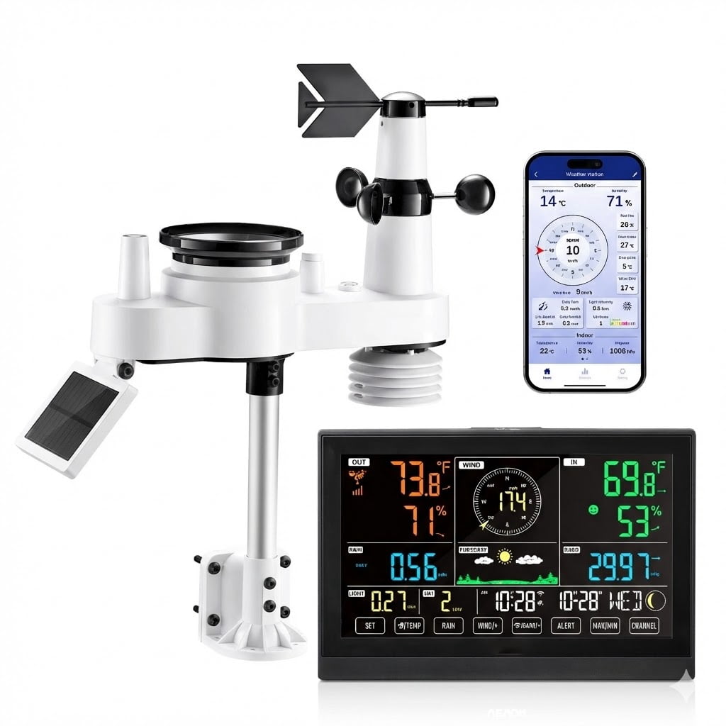 7-in-1 Wi-Fi Weather Station with APP, 7.5-Inch VA Display, Wireless Solar Powered Outdoor Sensor, Rain Gauge, Indoor Outdoor for Weather Forecast, Wind Speed, Temperature, Humidity, Rainfall