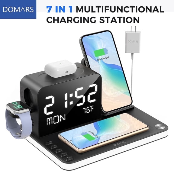 Domars 7-in-1 Wireless Charging Station, Bluetooth Time Sync, 30W Fast Wireless Charger for Multiple Devices