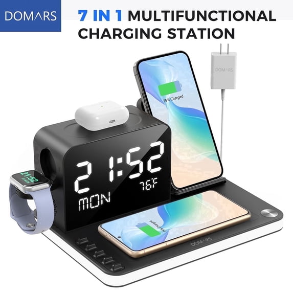 7-in-1 Wireless Charging Station with Clock, Bluetooth Time Sync & Temperature, 30W Fast Wireless Charger for Multiple Devices – Compatible with iPhone 17/16/15/14/13 Pro Max, Apple Watch & AirPods