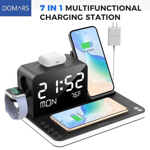 7-in-1 Wireless Charging Station with Clock, Bluetooth Time Sync & Temperature, 30W Fast Wireless Charger for Multiple Devices – Compatible with iPhone 17/16/15/14/13 Pro Max, Apple Watch & AirPods