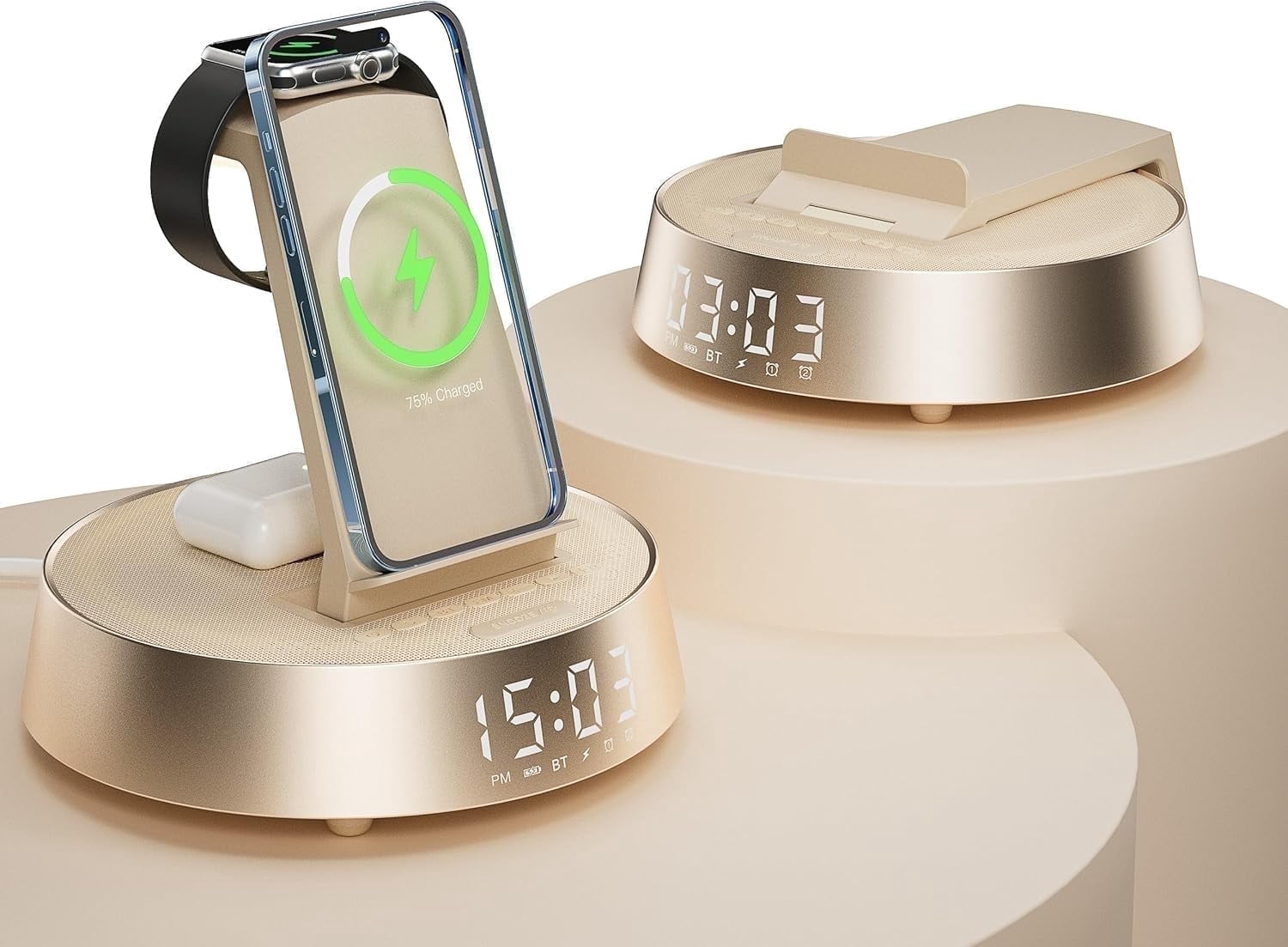 7-in-1 Wireless Charging Station Compatible with iPhone, Apple Watch, AirPods & Bluetooth Speaker Alarm Clock Dimmable Night Light