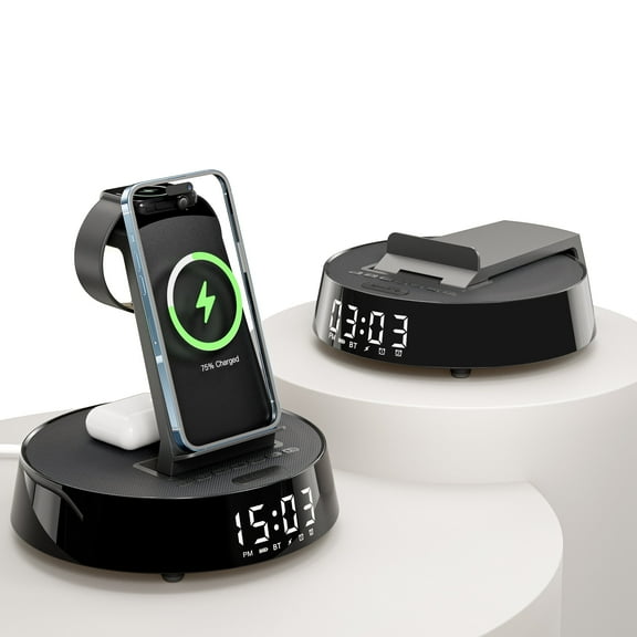 7-in-1 Wireless Charging Station For iPhone, Apple Watch, AirPods & Bluetooth Speaker Alarm Clock Dimmable Night Light Black