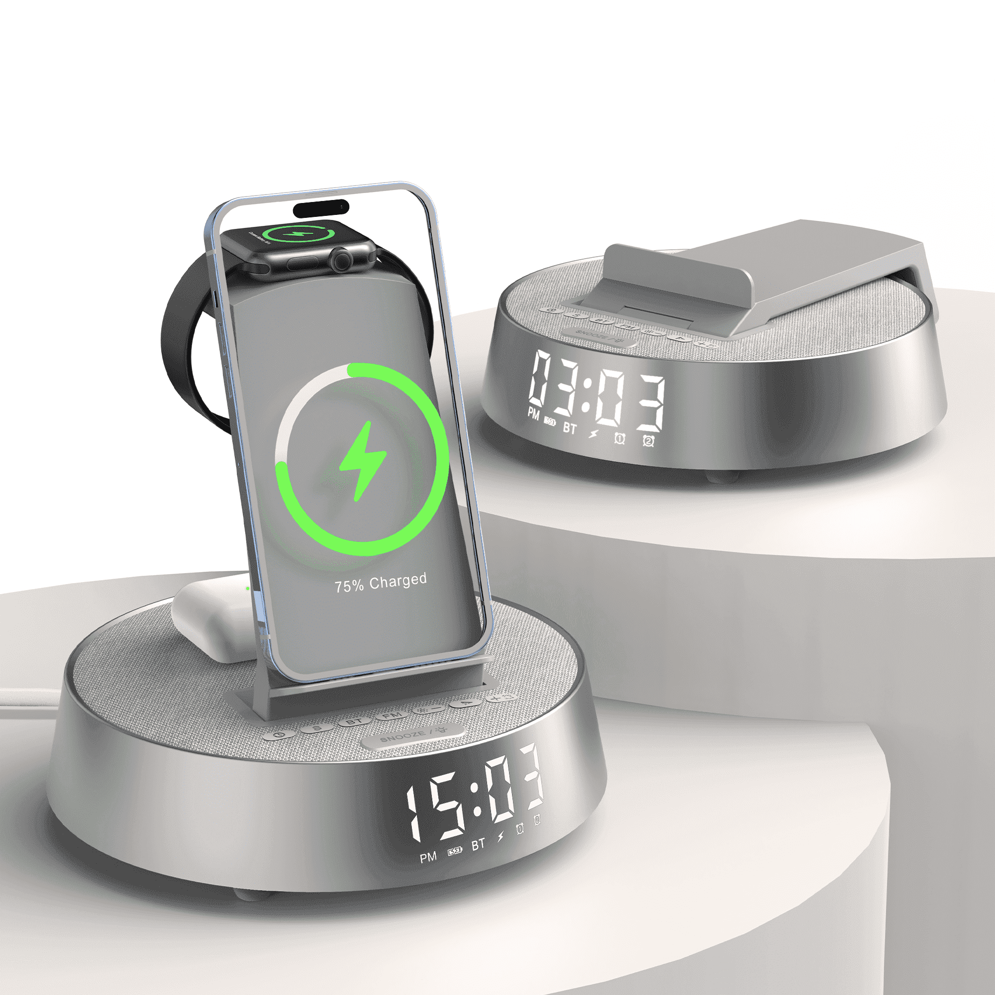 7-in-1 Wireless Charging Station For iPhone, Apple Watch, AirPods & Bluetooth Speaker Alarm Clock Dimmable Night Light Gray