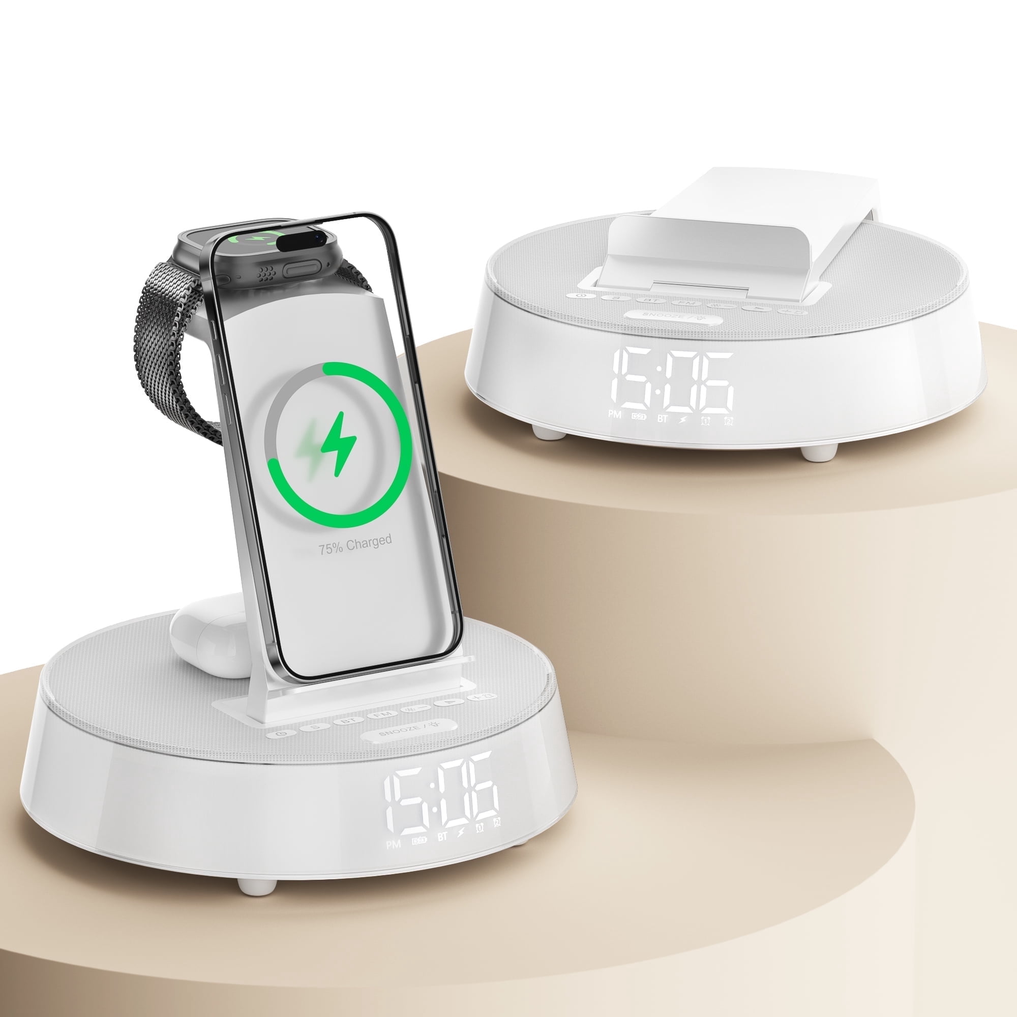 7-in-1 Wireless Charging Station For iPhone, Apple Watch, AirPods & Bluetooth Speaker Alarm Clock Dimmable Night Light White