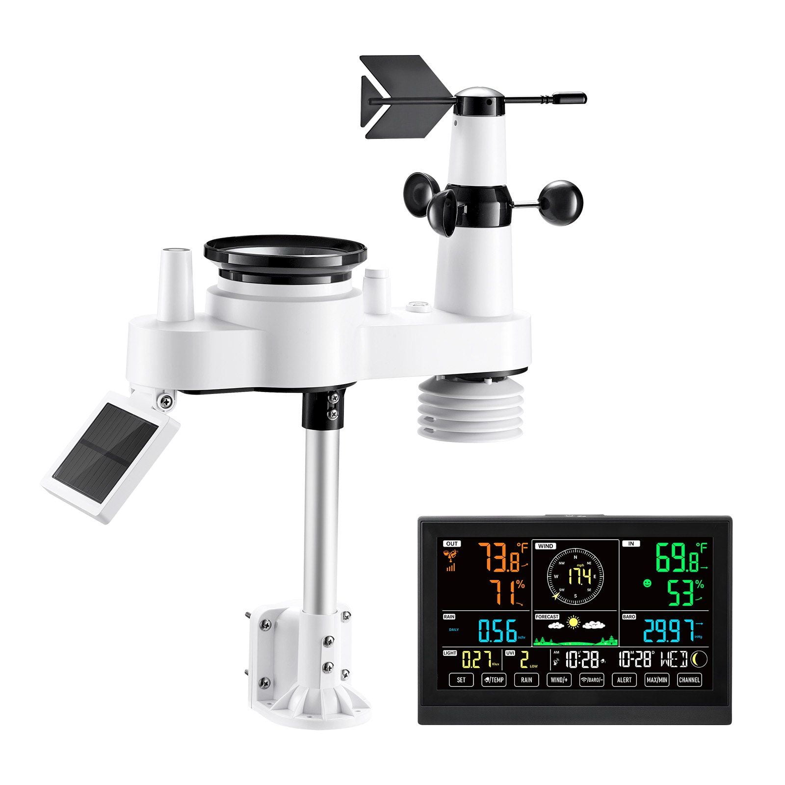 7-in-1 Wireless Weather Station with 7.5-Inch VA Display Solar Powered Outdoor Sensor Rain Gauge for Indoor Outdoor Temperature Humidity Wind Speed and Direction Forecast No WiFi