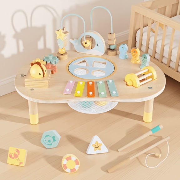 7-in-1 Wooden Activity Table for Ages 12M+, Multicolor Sensory Play Table with Music, Shape Sorter & Bead Maze