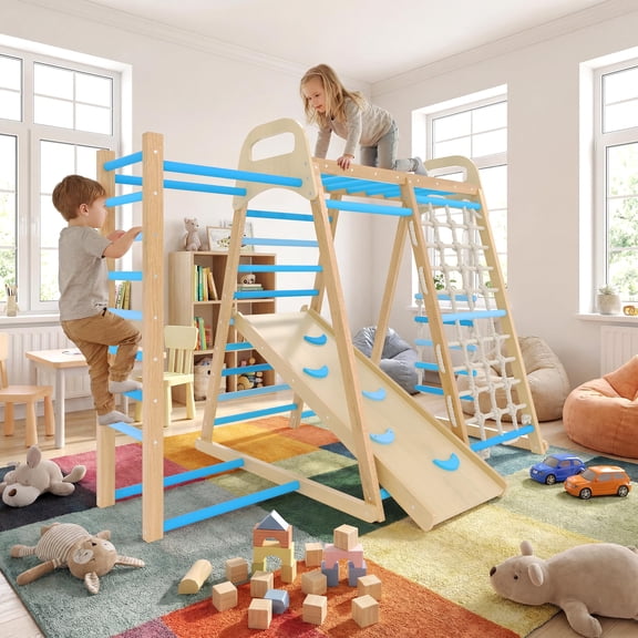 7-in-1 Wooden Indoor Jungle Gym for Toddlers & Kids Climbing Playset with Reversible Slide, Ramp, Swing, Monkey Bars, Rope Net,480 lbs Capacity