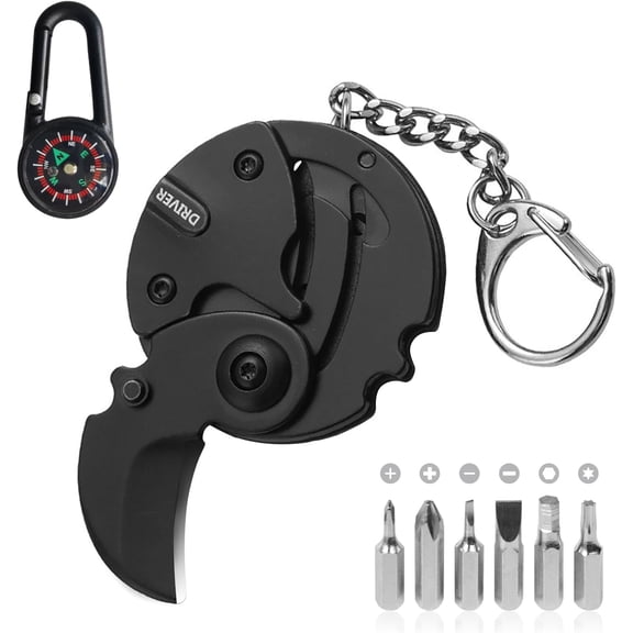 7-in-1 mini outdoor folding multifunctional tool - Small EDC Multitool with Screwdriver Set - portable pocket pendant -Compact Manual Tool (Black stainless steel)