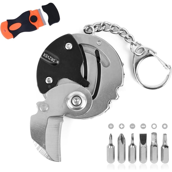 7-in-1 mini outdoor folding multifunctional tool - Small EDC Multitool with Screwdriver Set - portable pocket pendant -Compact Manual Tool (Silver stainless steel)
