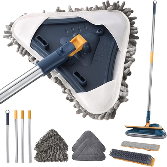 7-in-1 wall cleaner, triangular mop set with 7 interchangeable heads and an adjustable long handle, suitable for walls, floors, windows, ceilings, and baseboards (navy blue)