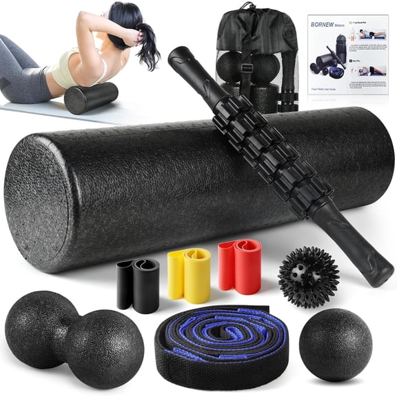 7 in1 Foam Roller Set for Deep Tissue Muscle Massager - High Density Back Roller, Stick, Resistance Bands, Foot Massage Ball, Stretching Strap Exercise, Whole Body Physical Therapy