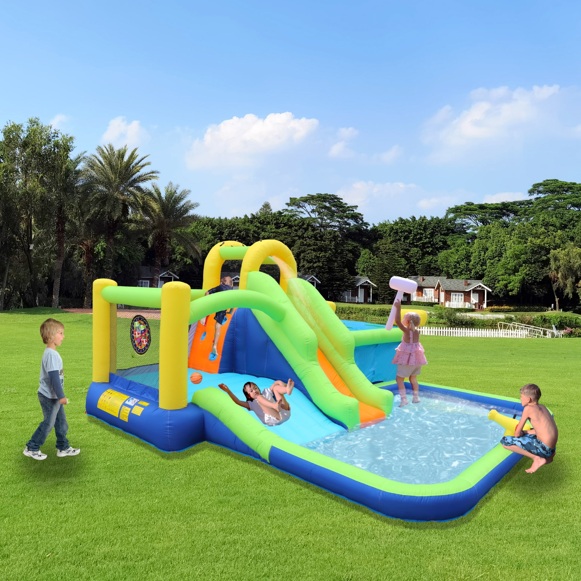 7 in1 Inflatable slide water park bouncing house outdoor Soccer garden bouncer with Splash pool  & Water gun & Climbing wall & Basketball & Football