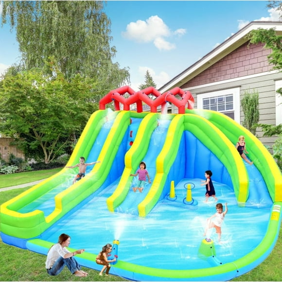 7 in1 Inflatable Water Park,Kids Water Slide Bounce House With Blower,Rotating Slide ,High-rise Slide,Wave Slide,Climbing wall,Sprinkler,Ring Toss Game,Water Gun,Bouncy Castle