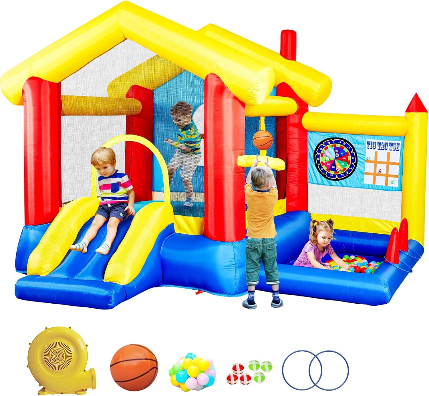 Water Fountain Inflatable 7 in1 Inflatable Water Park Three Slide with Blower Water Gun Sprinkler ...