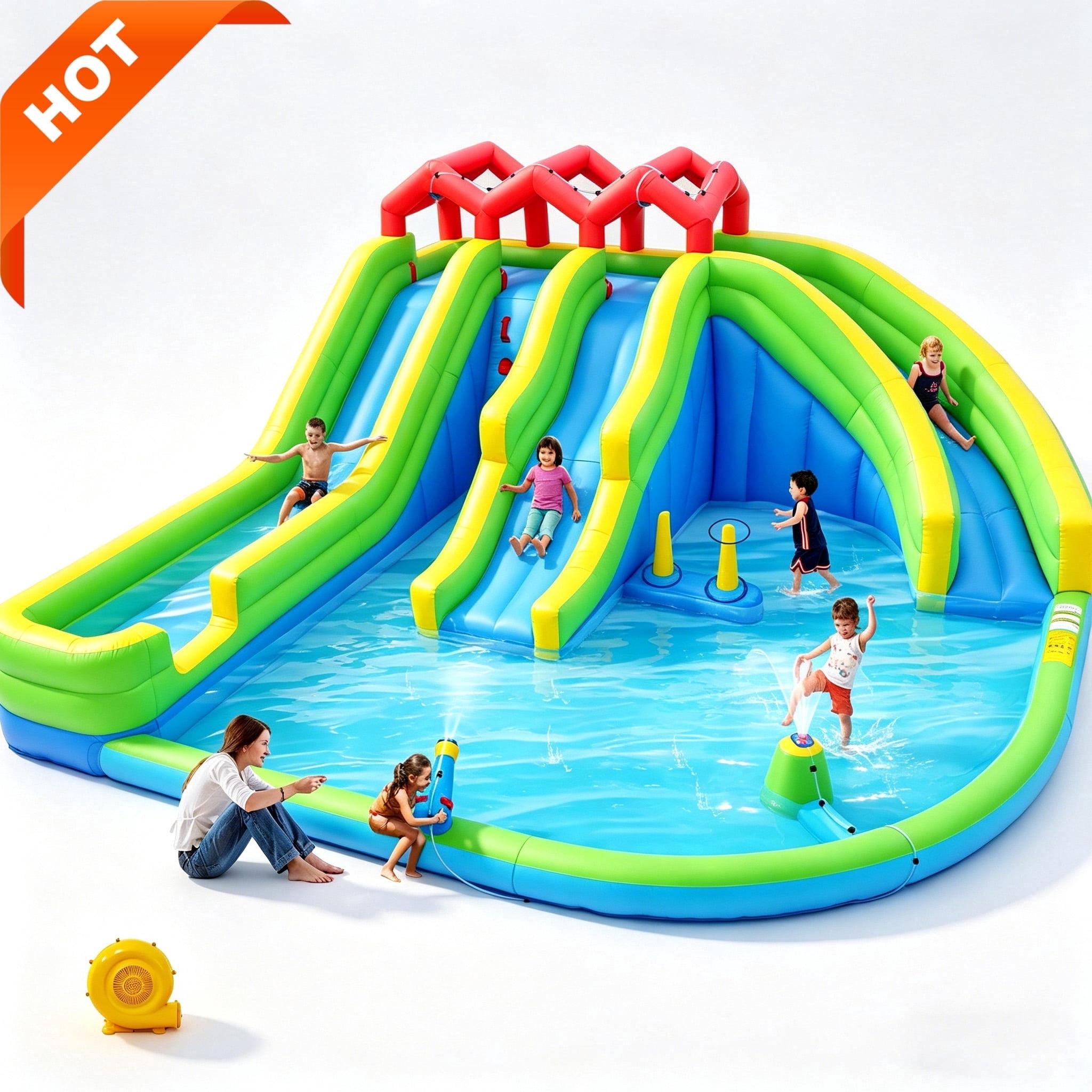 7 in1 Inflatable Water Park with 3 Slide and Blower, Water Gun Sprinkler Fountain Climbing Wall, Bouncy House for Children