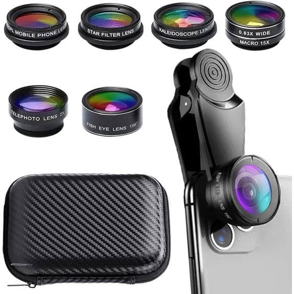 7 in1 Mobile Phone Camera Lens, Lens Kit, Universal Clip, for iPhone, Samsung, Android Smartphone, On Wide Angle+Macro+ Fish Eye+Kaleidoscope+Star Filter+CPL Lens(Black)