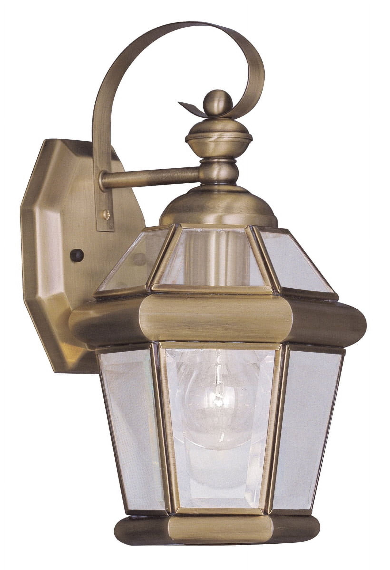 7 inch 1 Light Antique Brass Outdoor Wall Lantern Pendant Lighting Fixture with Clear Glass Panel Shade backed with Hand Crafted Solid Brass material for patio, front porch, entryway and more