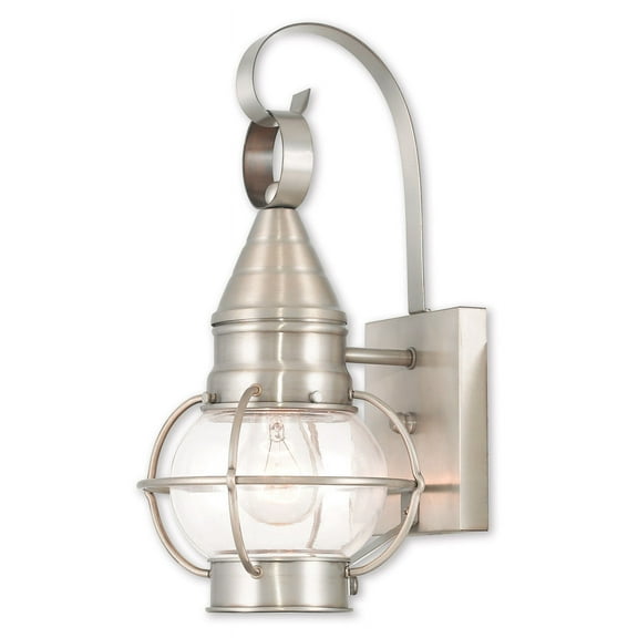 7 inch 1 Light Brushed Nickel Outdoor Wall Lantern Pendant Lighting Fixture with Clear Glass Shade backed with Hand Crafted Solid Brass material for patio, front porch, entryway and more
