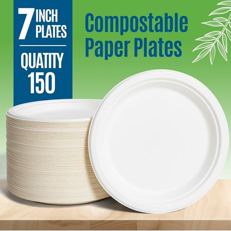 7 inch-150 Count -Heavy Duty Compostable & Biodegradable Paper Plates