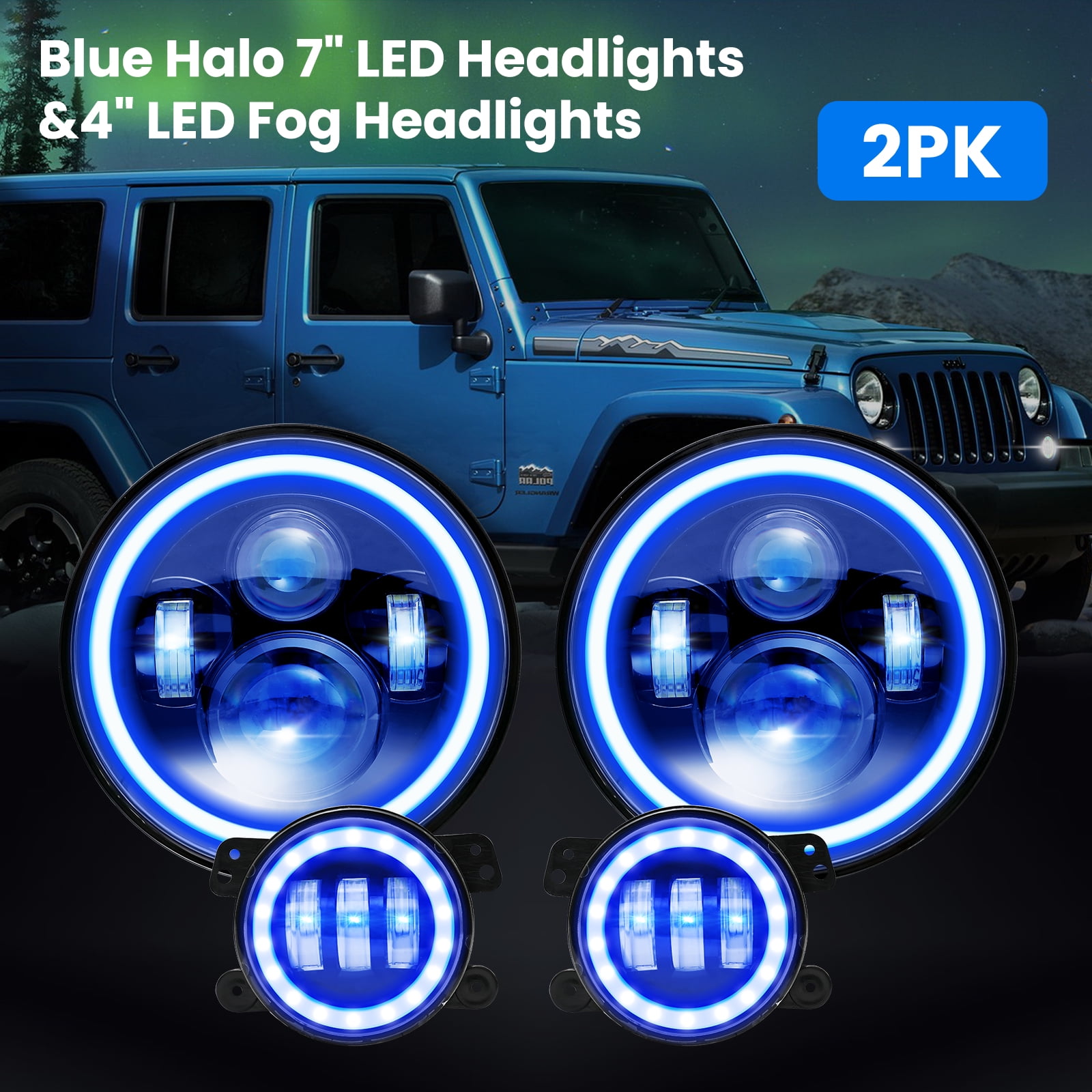 7 inch 80W LED Headlights & 4 inch 60W Fog Lights Combo w/Blue Halo Compatible with 2007-2018 Jeep Wrangler JK, DOT Approved