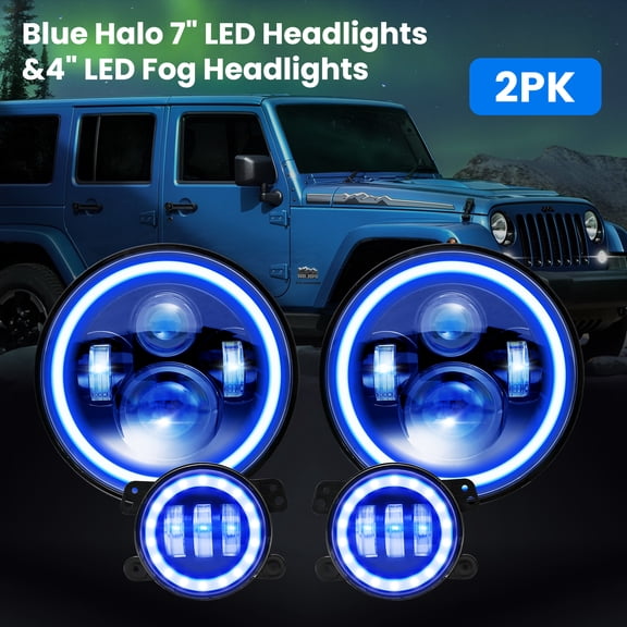 7 inch 80W LED Headlights & 4 inch 60W Fog Lights Combo w/Blue Halo Compatible with 2007-2018 Jeep Wrangler JK, DOT Approved