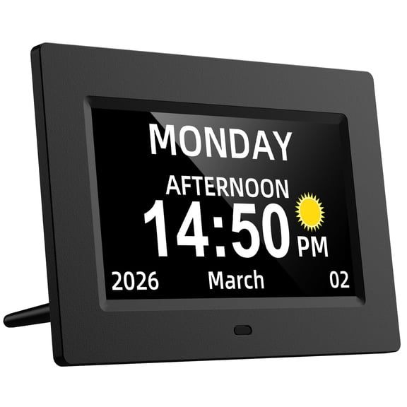 7 inch Digital Calendar Day Clock for Seniors & Elderly, Extra Large Display with Non-Abbreviated Day Date & Month, Dementia Alarm Clock for Memory Loss, Auto-Dimming, Black