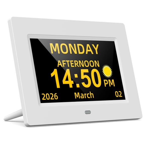 7 inch Digital Calendar Day Clock for Seniors & Elderly, Extra Large Display with Non-Abbreviated Day Date & Month, Dementia Alarm Clock for Memory Loss, Auto-Dimming, White