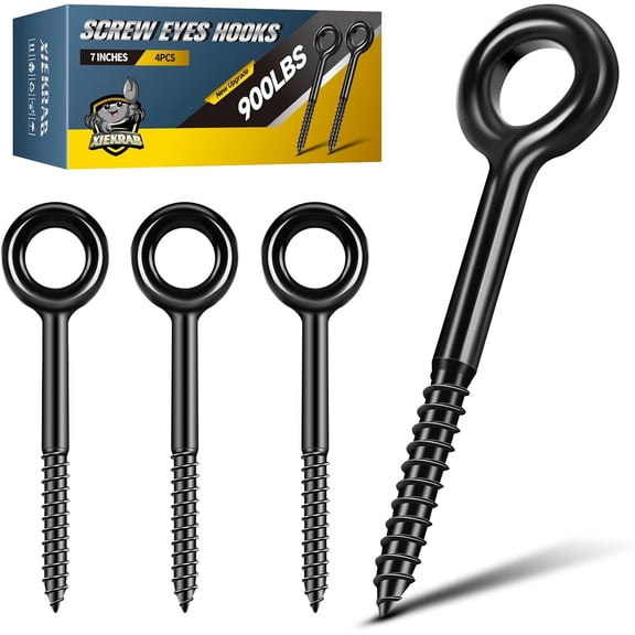 7 inch Eye Bolts - 4 Pcs Eyes Hooks Screw Heavy Duty 900 lbs Breaking Strength Black Rust-Resistant, Self Tapping Eyelet Screw for Wood Securing, Hammock Stand, Indoor & Outdoor Use