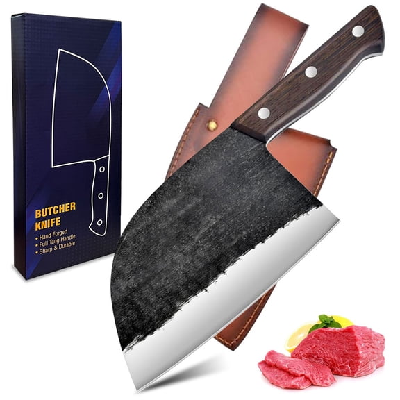 7-inch Meat Clever Knife Heavy Duty Butcher Knife High Carbon Steel Cutting Carving Knife Chef's,Chopping Knife with Leather,for Camping Hunting Outdoor