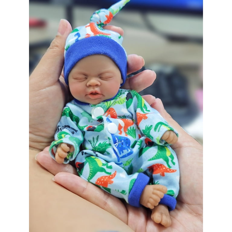 7 inch Miniature Reborn Baby Doll Silicone Full Body Looks Like Real Mini Newborn Realistic Sleeping Black Boy Baby Doll with Clothes and Feeding Toy