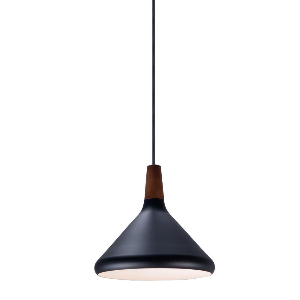 Walnut and Black Metal Cone Pendant Light with Adjustable Cord