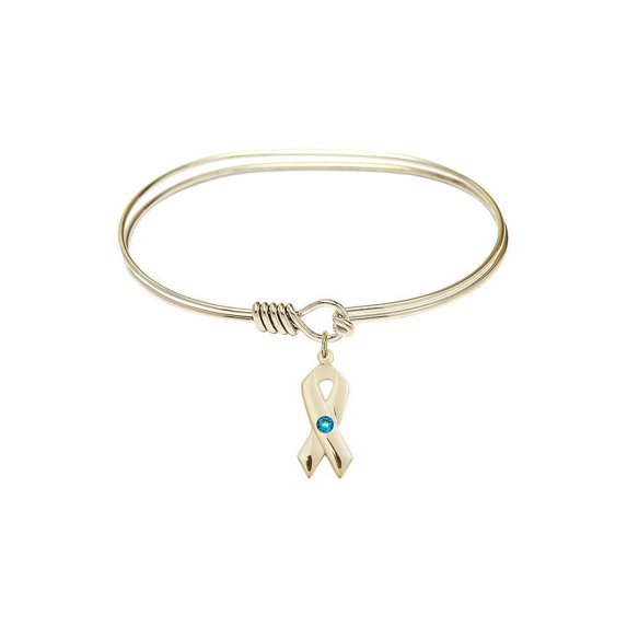 7 inch Oval Eye Hook Bangle Bracelet w/ Cancer Awareness medal charm w/ December Blue Swarovski Crystal