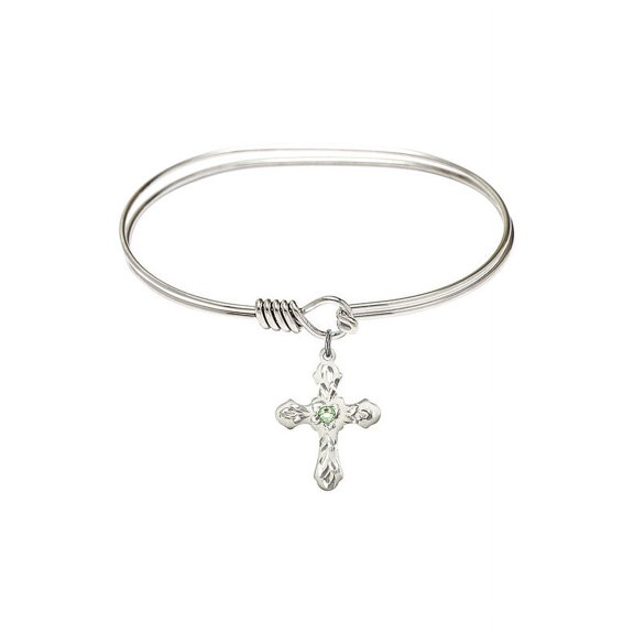 7 inch Oval Eye Hook Bangle Bracelet w/ Cross medal charm w/ August Green Swarovski Crystal