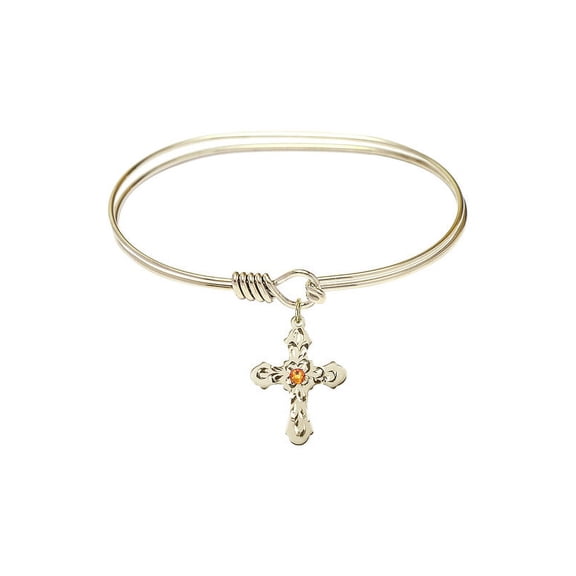 7 inch Oval Eye Hook Bangle Bracelet w/ Cross medal charm w/ November Yellow Swarovski Crystal