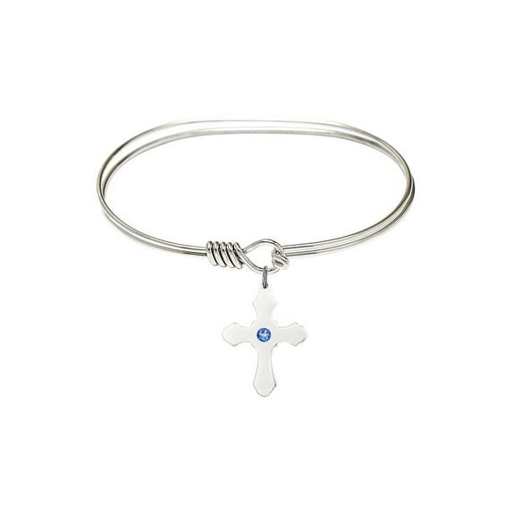 7 inch Oval Eye Hook Bangle Bracelet w/ Cross medal charm w/ September Blue Swarovski Crystal