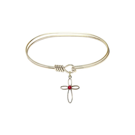 7 inch Oval Eye Hook Bangle Bracelet w/ Loop Cross medal charm w/ July Red Swarovski Crystal