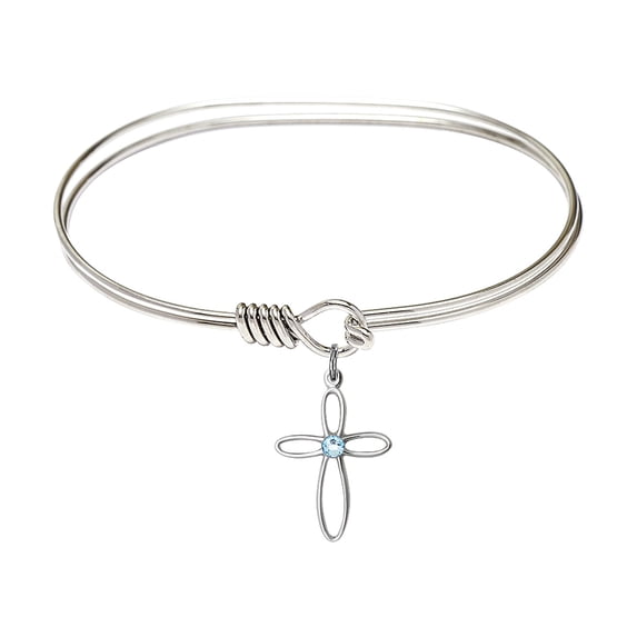 7 inch Oval Eye Hook Bangle Bracelet w/ Loop Cross medal charm w/ March Blue Swarovski Crystal
