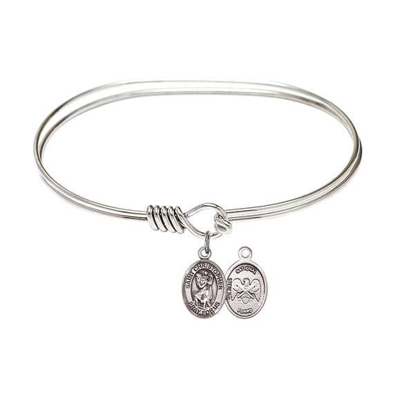 7 inch Oval Eye Hook Bangle Bracelet w/ St. Christopher/Nat'l Guard in Sterling Silver