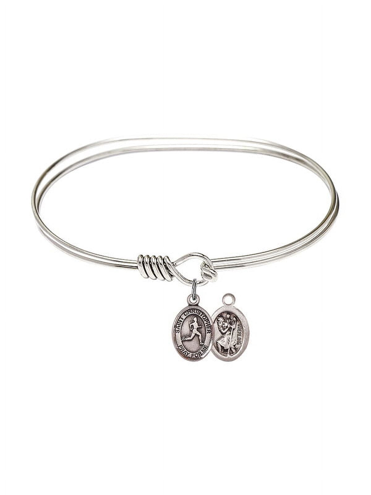 7 inch Oval Eye Hook Bangle Bracelet w/ St. Christopher/Track & Field in Sterling Silver
