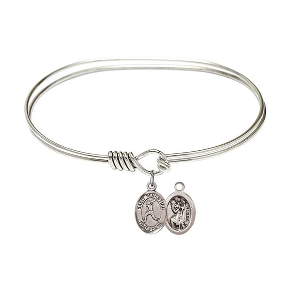 7 inch Oval Eye Hook Bangle Bracelet w/ St. Sebastian/Softball in Sterling Silver