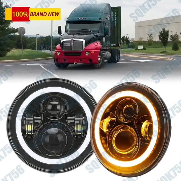 7"inch Round DRL LED Headlights amber/white halo eyes For Kenworth T2000 97-2011
