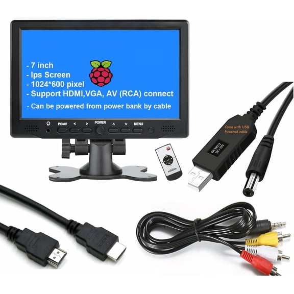7 inch Small HDMI VGA AV RCA Monitor 1080P Second Screen for PC/Security System/Game Console; IPS 1024X600 Pixels; 60HZ; Built in Loud Speakers & Earphone Jack; 12V USB Power Cable for Portable Use