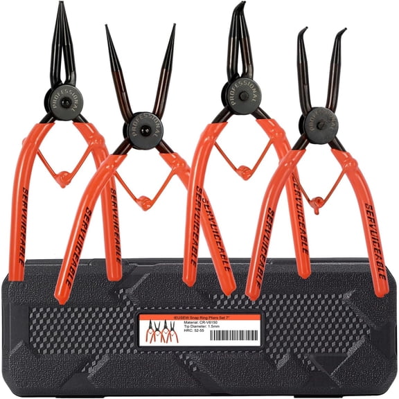 7-inch Snap Ring Pliers Set, 4-piece Heavy Duty Internal/External Circlip Kit (Tip Diameter 1.5mm), Straight/Bent Jaw, Cr-v Steel, for Remover Retaining, Stora Case Included.