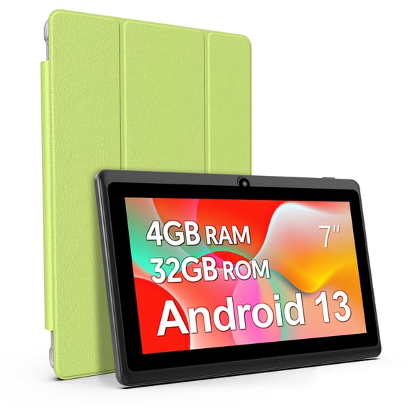 7 inch Tablet, Android 13 Tablet with Case, Quad Core,1024 x 600 IPS Touch Screen,4GB RAM 32GB ROM 1TB Expandable,Dual Camera, 3500Mah - Green