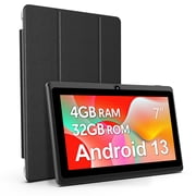 7 inch Tablet, Android 13 Tablet with Case, Quad Core Tablet,1024 x 600 IPS Touch Screen,4GB RAM 32GB ROM 1TB Expandable,Dual Camera, 3500Mah - Black